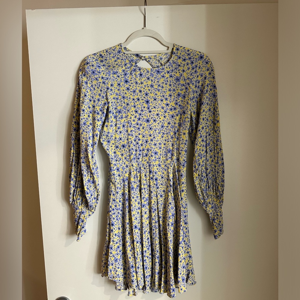 👗 Olivaceous Yellow and Blue Floral Dress